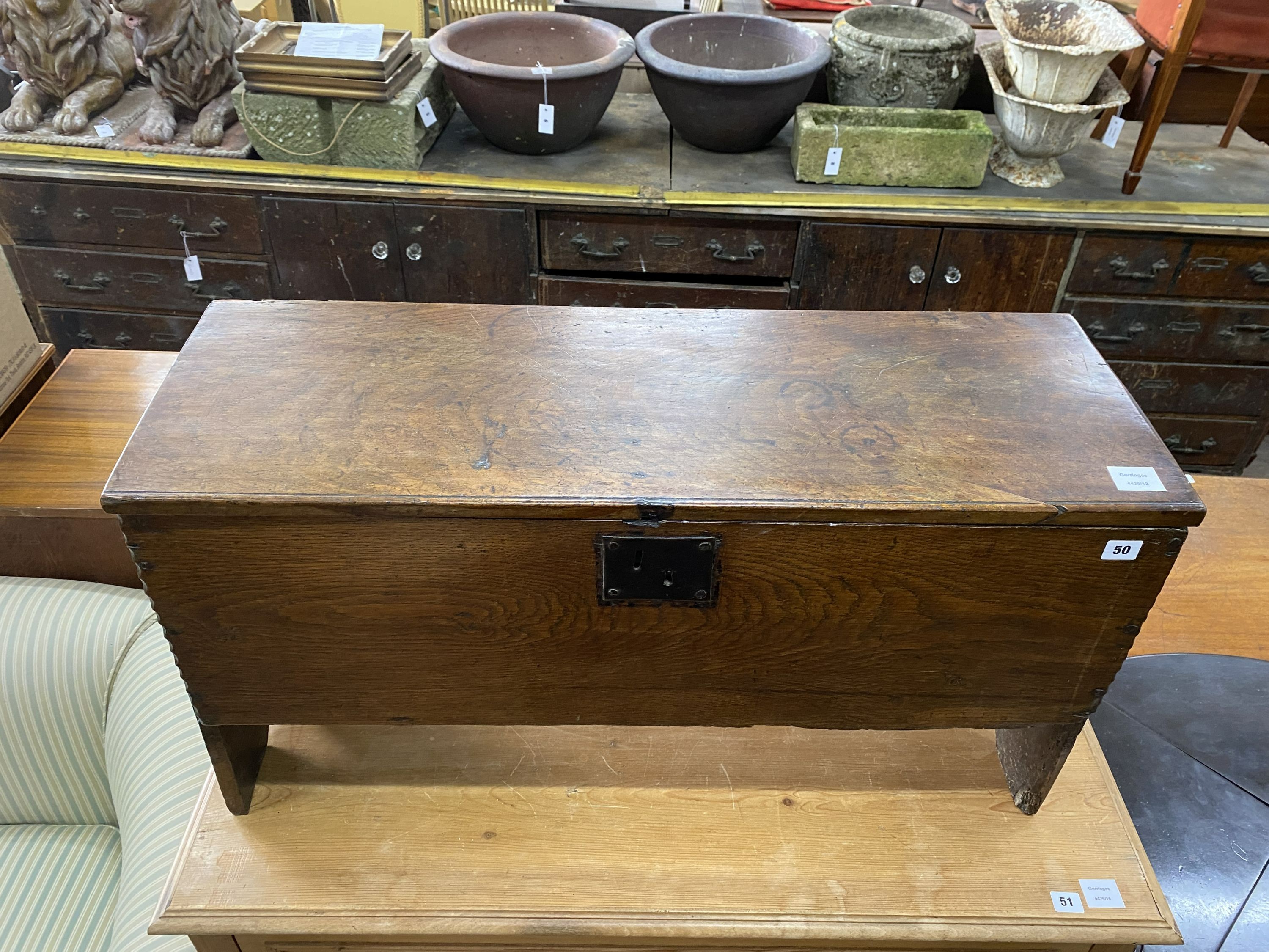 An 18th century oak six plank coffer, length 91cm, depth 32cm, height 50cm